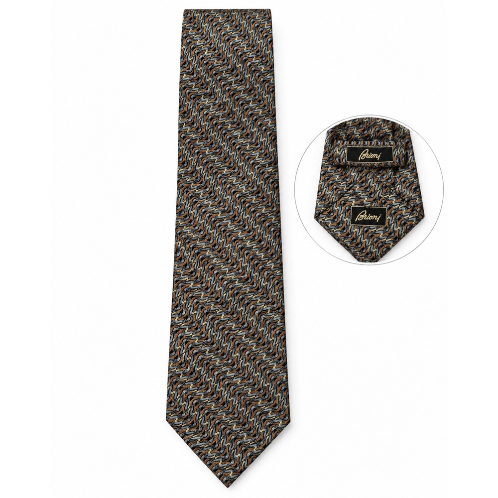 Brioni Silk Necktie Mens Abstract Wavy Pattern Blue Orange Tan Made in Italy